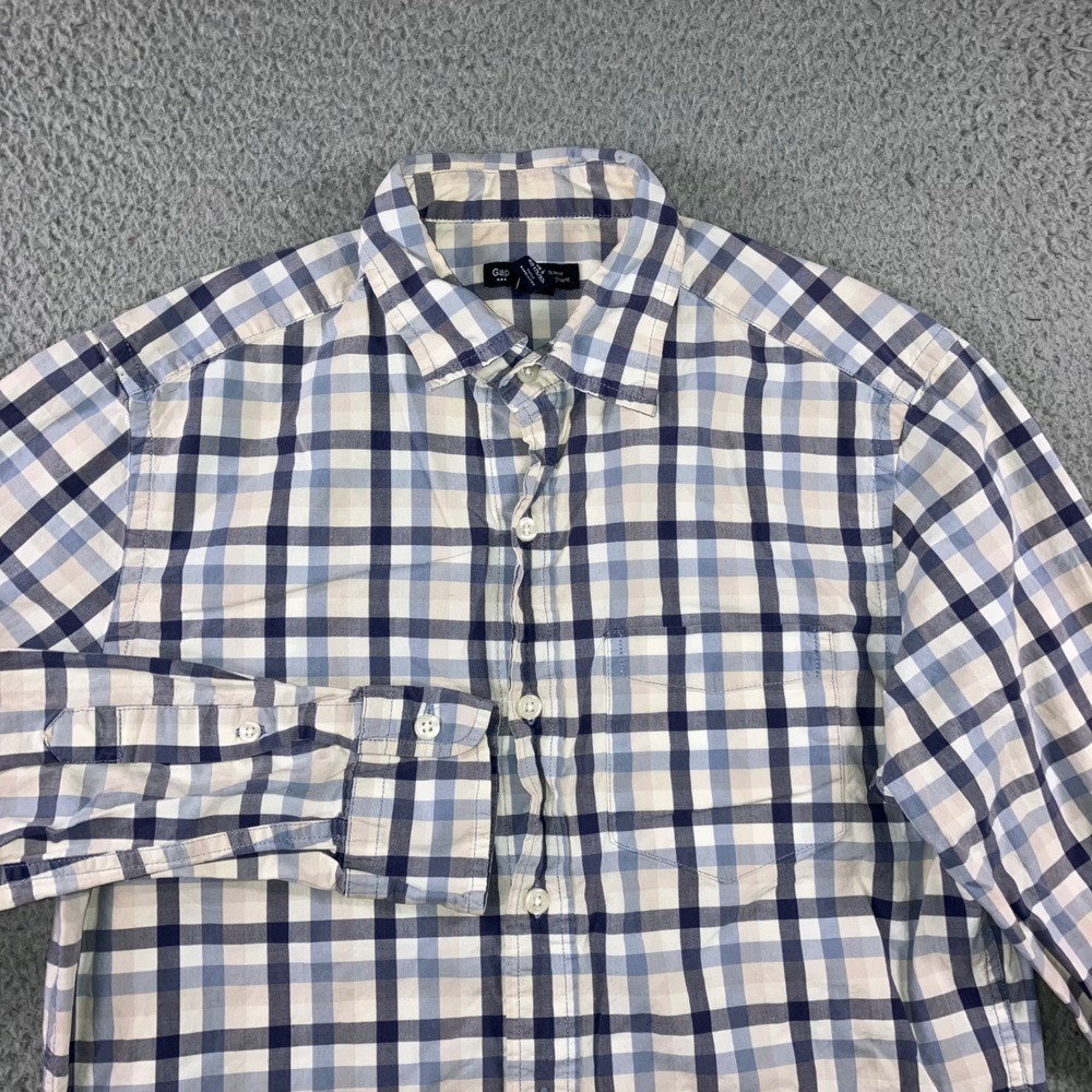 Gap Plaid Button Up Shirt Mens M Slim Fit Blue White Check Preppy Poplin L/S